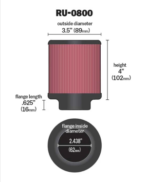 FILTER UDARA K&N RU-0800 Universal Air Filter High Flow 2-7-16 INCH Flange