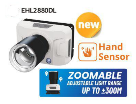 SENTER KEPALA CHARGE EcoKing Head Lamp Hand sensor 8 Watt Cahaya Putih Zoom up to 300 M EHL2880DL
