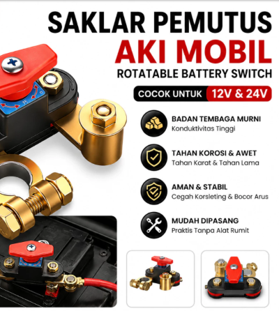 SAKLAR PEMUTUS SWITCH ON-OFF AKI KUNINGAN Bisa Diputar Universal 12V-24V 300A