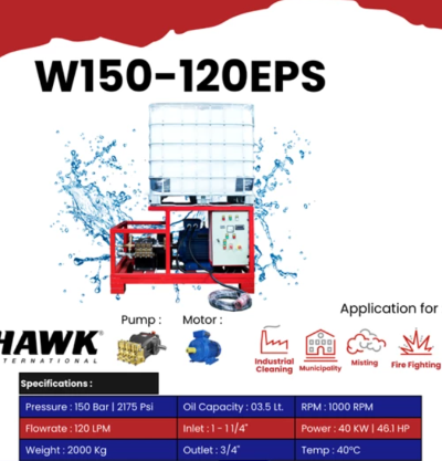 High Pressure Water Jet Hawk W150-120EPS 150BAR 120LPM with Ibc Tank