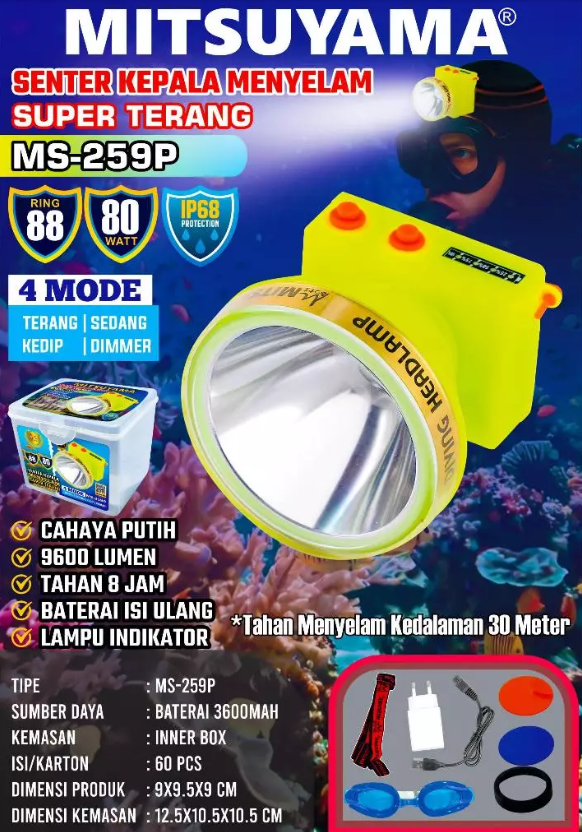 SENTER HEAD LAMP KEPALA SELAM MITSUYAMA 80W MS-259P 4 mode cahaya